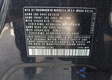 2022 Volkswagen Tiguan 2.0T Se R-Line Black из США, поврежденный, VIN 3VV8B7AX8NM111161